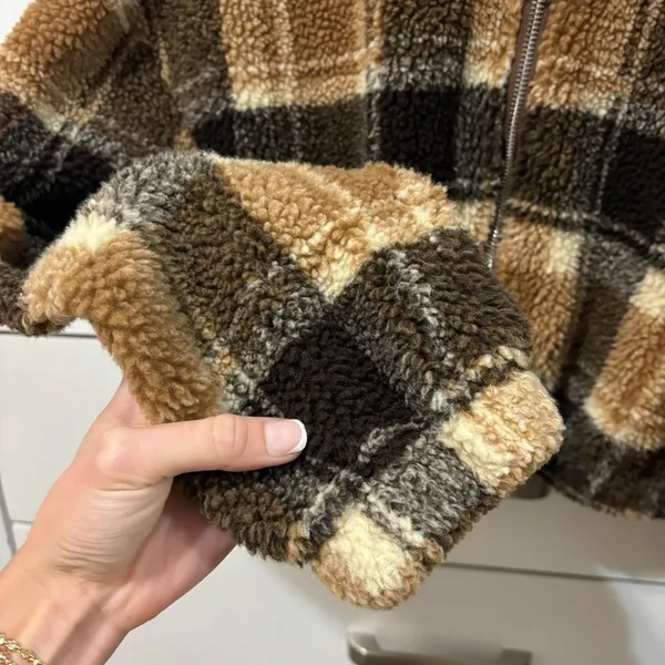 Plaid Cropped Sherpa Jacket Brown - Image 6