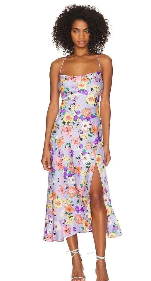 ASTR Gaia Draped Collar Satin Midi Dress in Periwinkle Floral Size Small NWT - Image 10