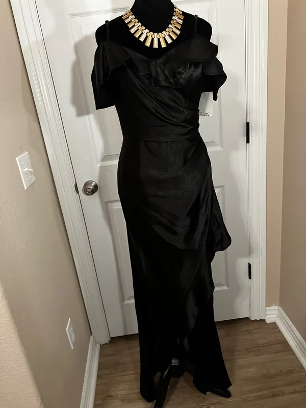 David's Bridal Black Off-Shoulder Satin Fancy Bridesmaid Wedding Guest Dress - Image 10