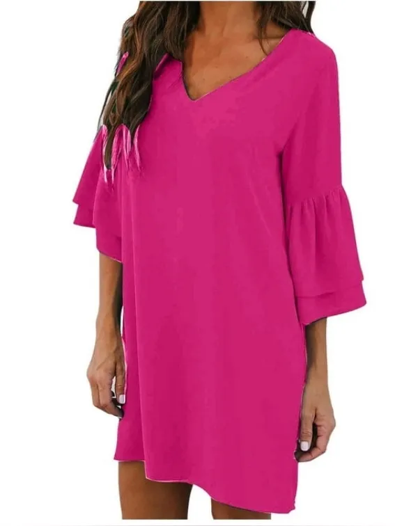 Hot pink mini dress dramatic ruffle long sleeve v-neck party wedding guest L - Image 2