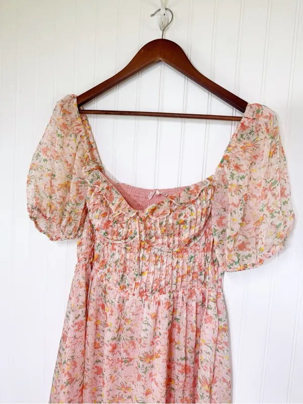 ASTR Lunaria Milkmaid Midi Dress Large Peach Floral Wedding Guest Garden Party - Image 3