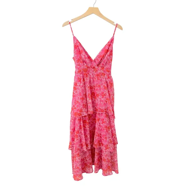 Lulus Adorable Obsession Pink Floral Print Lurex Tiered Midi Dress size L NWT - Image 5