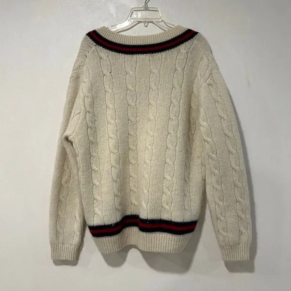 Brandy Melville Cable Knit Varsity V Neck Sweater Cream One Size Preppy - Image 3