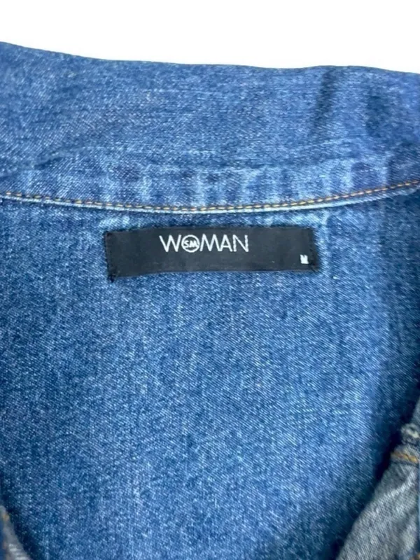 Woman Distressed Denim Jacket Shirt Dress Medium Medium Wash Long Sleeve - Image 11