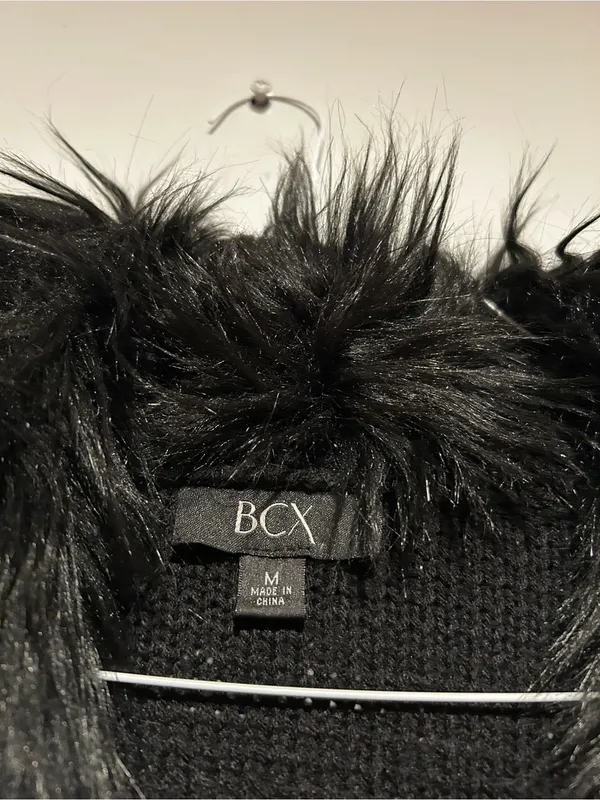 BCX Black Faux-Fur Collar Open-Front Knit Cardigan - Image 2