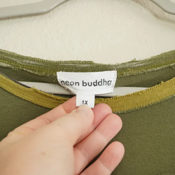 Neon Buddha 1X Tunic Top Green Striped Raw Edge Cotton Pocket Lagenlook Indie - Image 4