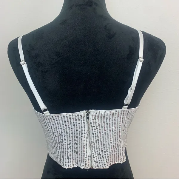 Woman M White Silver Sequin Shiny Bra Crop Top with‎ Adjustable Straps. - Image 3