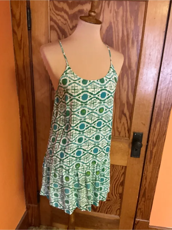 Roxy Green White Geometric Mini Dress Small Adjustable Strap Beach Sundress - Image 8