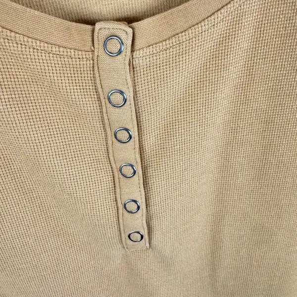 LL‎ Bean Womens XL Waffle Knit Henley Top Mustard Tan Cotton Thermal 517795 - Image 3