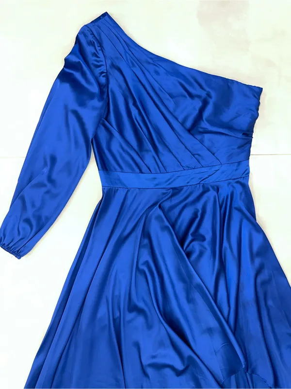 IEENA MAC DUGGAL Dark Blue Long Sleeve One Shoulder Satin High Low A-line Gown - Image 6