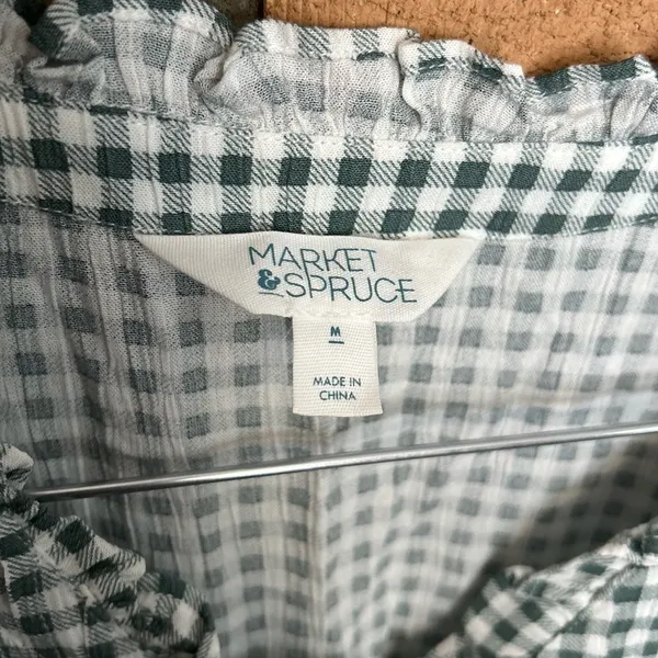 Market & Spruce Button Front Tie Waist Green & White Checkered Gingham Size M - Image 2