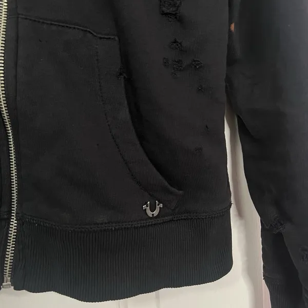 True Religion Full Zip Up Distressed Destroy Hoodie Black Ripped Mesh Goth Emo - Image 3