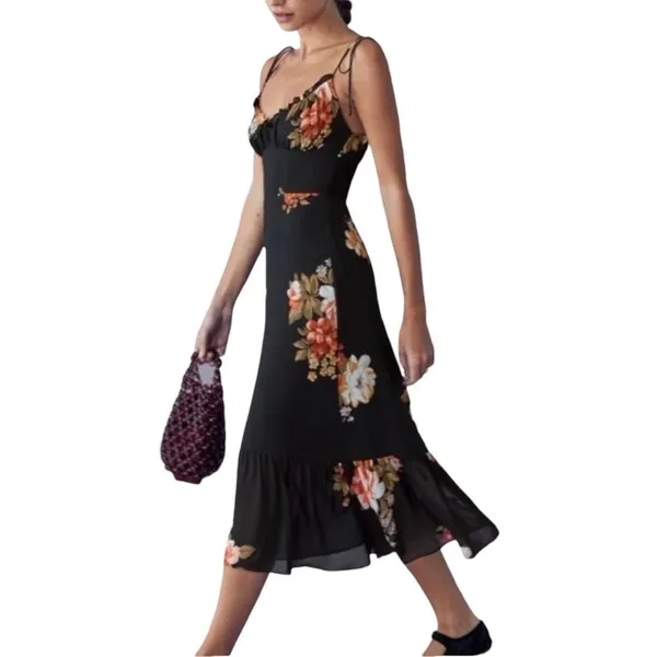 Reformation Dress Womens 12 Black Floral Juliette Tie Strap Ruffle Midi‎ Viscose - Image 2