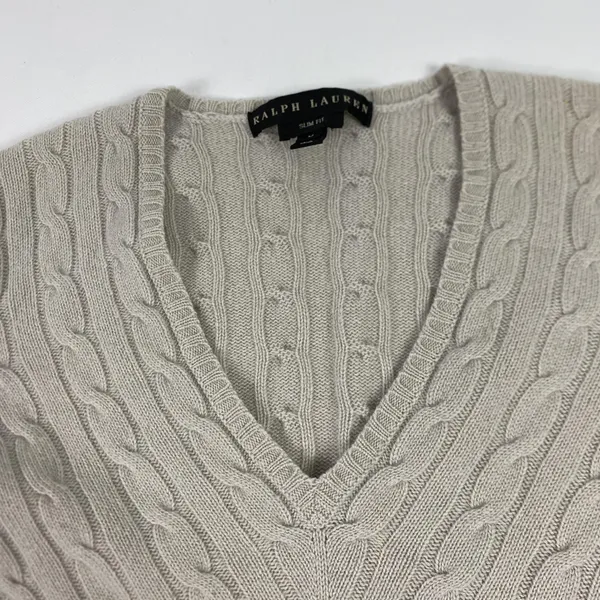 Ralph‎ Lauren Sweater Womens Medium Cable Knit V Neck Cashmere Slim Fit - Image 3