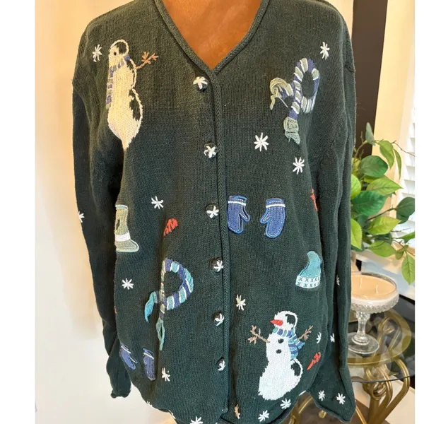 Ugly Christmas Sweater Cardigan Womens XL Green Snowman Mittens Scarf Poinsettia - Image 2
