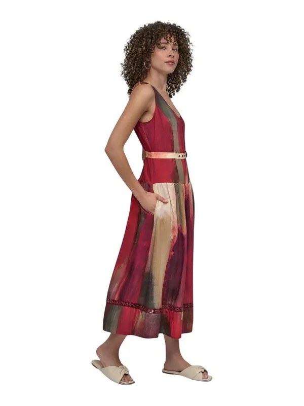NWT DKNY Abstract Midi V-Neck Belted Dress P5EBTBEK Brush Stroke Brown Multi 6 - Image 2
