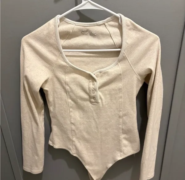 Aerie Cream Long Sleeve Ribbed Henley Bodysuit - Image 2