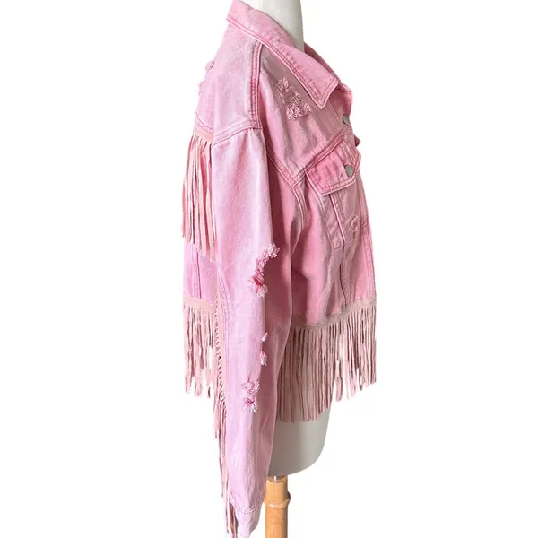 Cropped Pink Distressed Fringe Denim Jean Jacket L Western Cowgirl Festival - Image 4