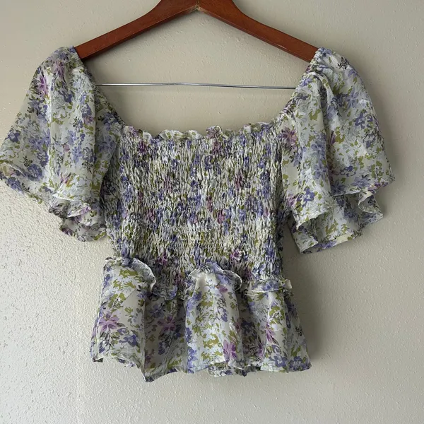Astr the Label Purple Floral Flutter Sleeve Top Size XS - Image 9