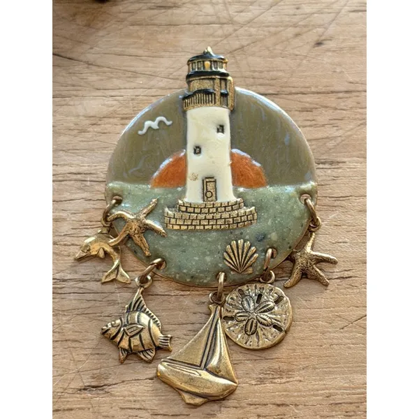 Lighthouse-Themed Enamel Brooch With Nautical Charms & Gold Accents Measures App - Image 4