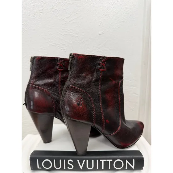 Frye Regina Heel Bootie Women 7.5 Burgundy Leather Pointed Toe Back Zip Heels - Image 3