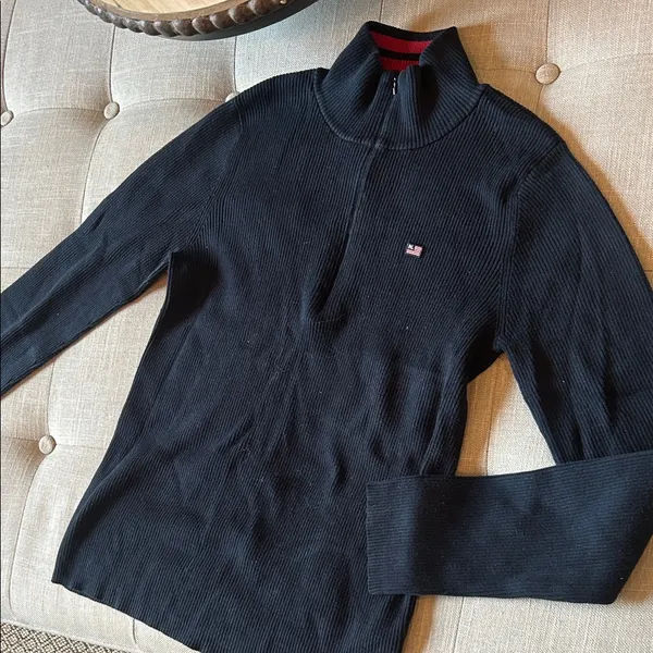 Ralph Lauren Polo Jeans Navy Red Quarter Zip Sweater Size Large - Image 6