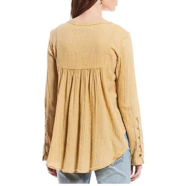 We The Free Sand Dune Henley LG Gauze Button Down Tunic Golden Yellow Boho Flowy - Image 4