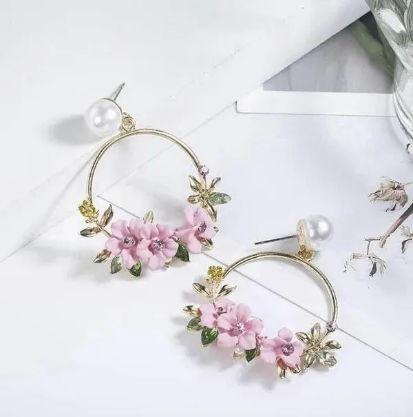 Women's Pearl Pink Crystal Flower Dangle Drop Hoop Earrings - Image 3