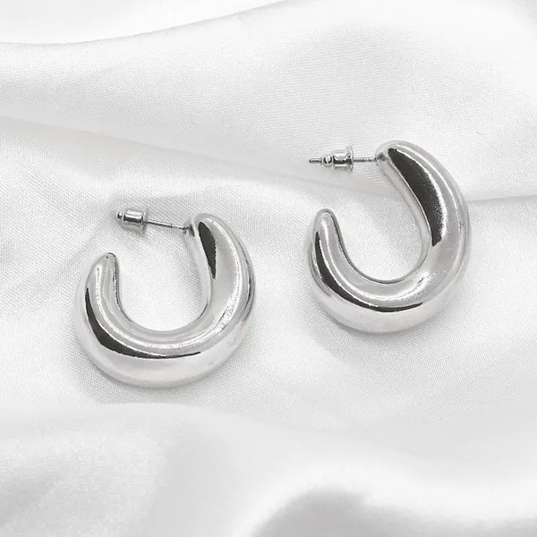 Curved Chunky Silver Hoop Earrings - Image 4