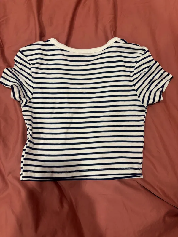 ZARA Crop Striped Trafaluc T-Shirt Navy Blue and White - Image 3