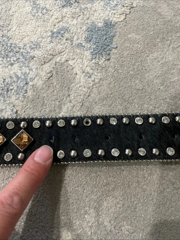 Western Leather Black Calf Hair Studded Rhinestone Embellished Statement Belt - Image 13