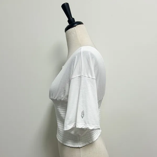 Free People Movement White Smocking Hot Wide Neck Open Back Short Sleeve Top New - Image 3