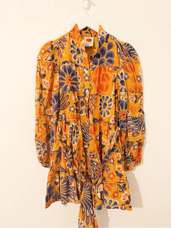 FARM Rio Pineapple Flowers Yellow Orange Mini Dress Belted Size XS - Image 2