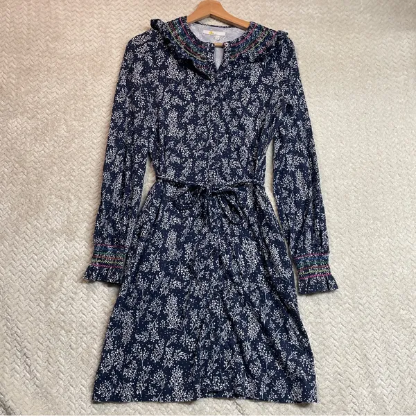 Boden Womens Navy Smocked Detail Jersey Tie Waist Cottagecore Dress Size 8R‎ - Image 8