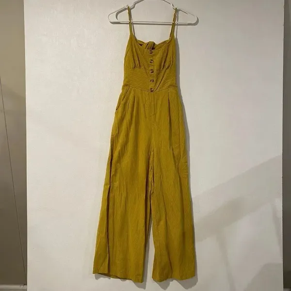 Lulus Mustard Stripe Wide Leg Jumpsuit XS Boho Button Front Romper - Image 2