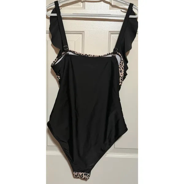 Womens Black Tan Animal Print Ruffled Ruched Sides One Piece Padded Bra Size 0XL - Image 2