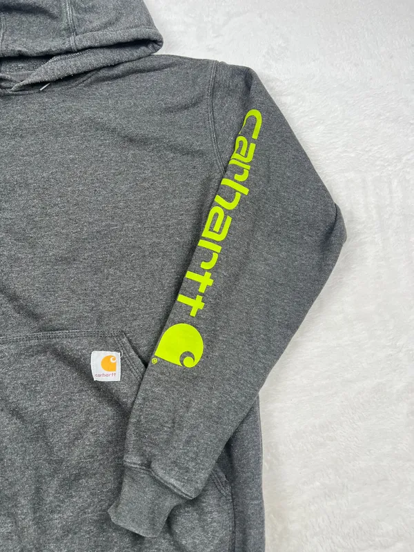 Carhartt K288 Carbon Heather Brite Lime Logo Sleeve Hoodie Men’s Size S - Image 2