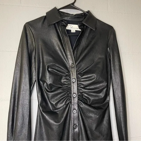 Vintage Havana Black Leather Ruched Shirt Dress Long Sleeve Women’s Size Small - Image 4