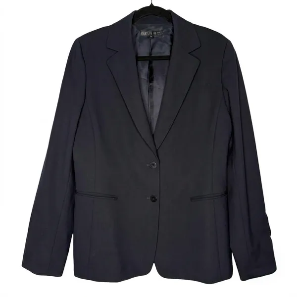 Lafayette 148 Size 12 Classic Navy Blue Wool Blazer Jacket 2 Button $1,298 - Image 2