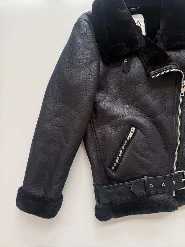 Zara Faux Leather/Fur Black Biker Jacket Size Small - Image 5