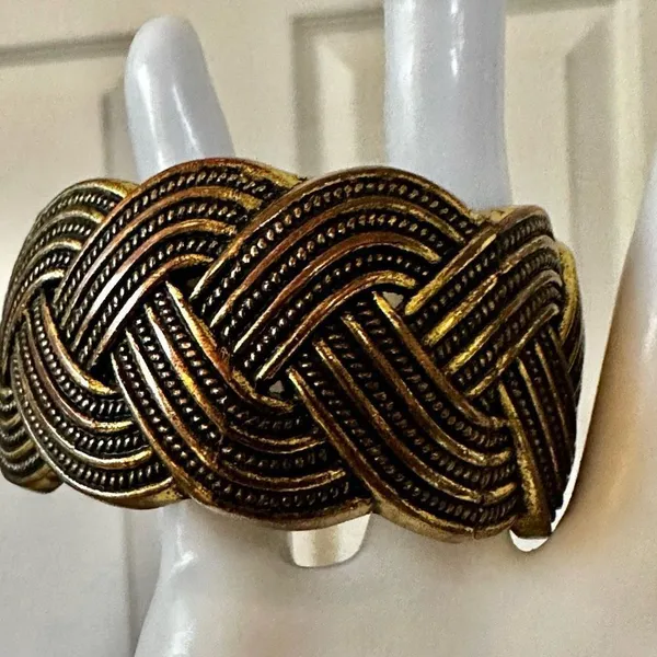Gold tone hinged braided bangle bracelet - Image 2