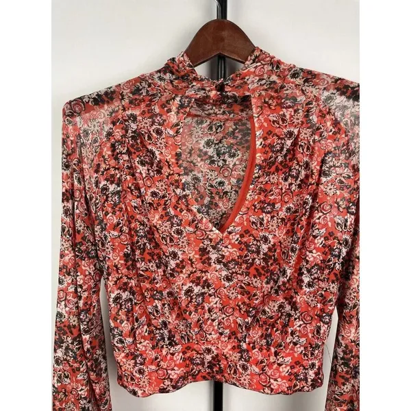Free People All Dolled Up Mesh Floral Mock Neck Top Blouse Size XS‎ Open Back - Image 8