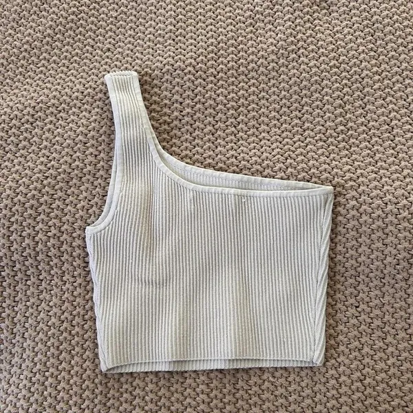 Aritzia Babaton one shoulder rib knit crop tank ivory XS minimalist quiet luxury - Image 2