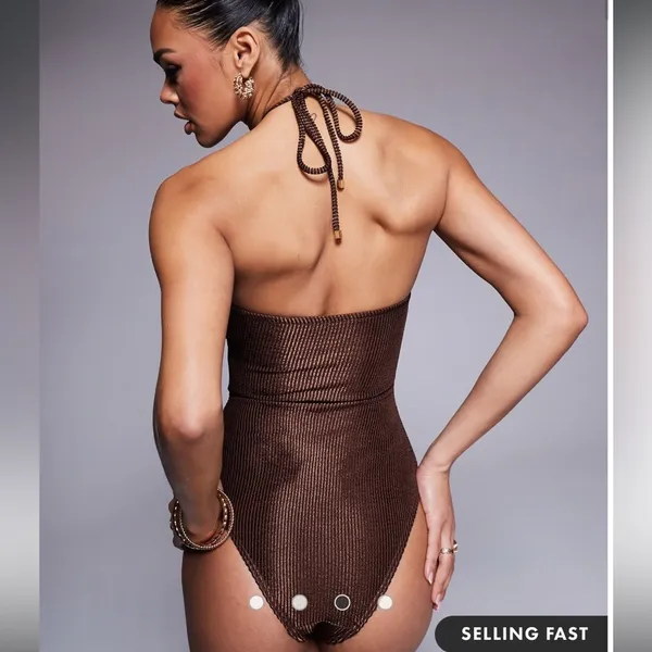 South Beach shiny crinkle cut out halter swimsuit in chocolate - Image 4