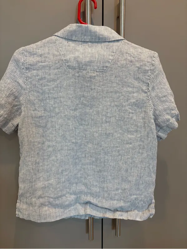 Quince 100% European Linen Blue Pinstripe Short Sleeve Button Up Shirt - small - Image 5