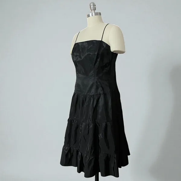 Niki By Niki Livas Vintage 80s Black Spaghetti Strap Crinkle Taffeta Tiered A Line Dress - Image 4