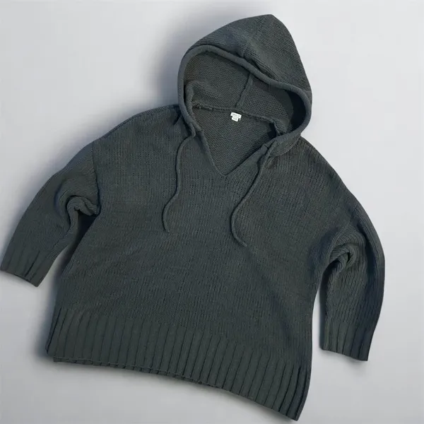 Aerie Oversized Chunky Knit Hoodie Drop Shoulder Size Large Dark Gray - Image 2