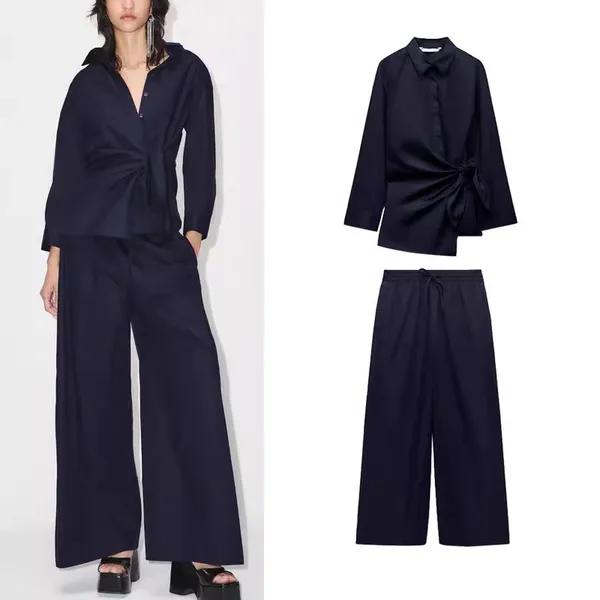 NWT ZARA navy blue wide-leg poplin trousers. Size Medium - Image 3