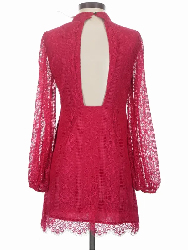 Anthropologie Lace Long-Sleeve High-Neck Dress in Fuchsia - Image 2