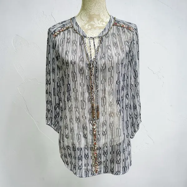 Charter Club Sheer Beaded Tassel Tunic Top XL Coastal Cowgirl Boho Navy White - Image 3
